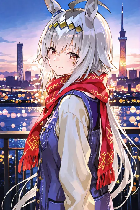 oguri cap (Uma Musume), casual outfit with a scarf, smiling brightly, turning back, kobe night cityscape, kobe port tower, Christmas illuminations with bokeh effect, soft warm glow on her face, romantic date atmosphere, shallow depth of field, anime style,...