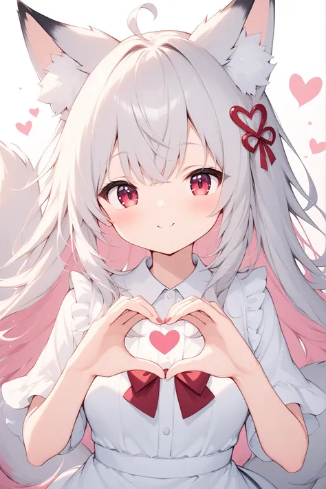 thin and soft painting style 、White fox girl 、 grey hair、 Smooth Long Hair 、 fox ears、 fluffy fox tail 、Ruby Eyes、squint、cute、heart hands