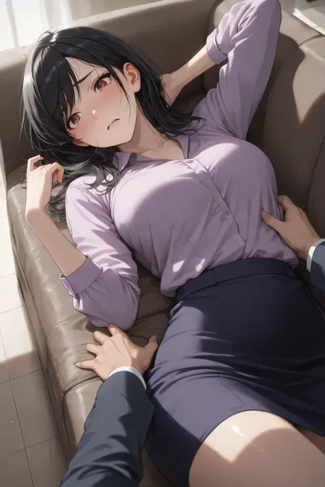 1girl, very cute face, cute girl, solo, short black hair, shiny hair, side-swept bangs, natural makeup, beautiful, cute, office lady, fashionable business suit, navy suit, lavender blouse, skirt suit, meeting room, lying on back, on sofa, (1boy, collapsed ...