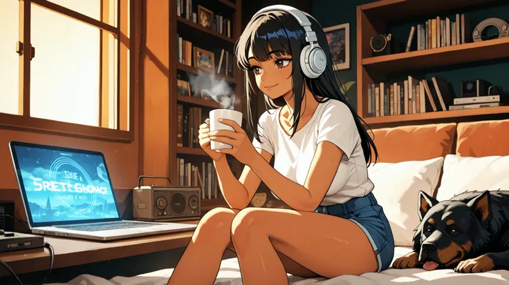 A stunning 3D anime style scene featuring an attractive Brazilian girl with darker skin tone, brown eyes, long straight black hair, a great body, stunning and beautiful artwork, bright shadows, bold colors and a black Chow Chow dog sitting on a cozy cafe t...