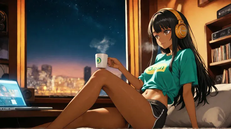 A stunning 3D anime style scene featuring an attractive Brazilian girl with darker skin tone, brown eyes, long straight black hair, a great body, stunning and beautiful artwork, bright shadows, bold colors and a black Chow Chow dog sitting on a cozy cafe t...