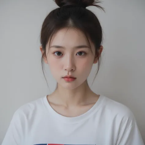 plain face facing forward, hair tied up, facing the camera, no expression, wearing a white t-shirt, facing forward.