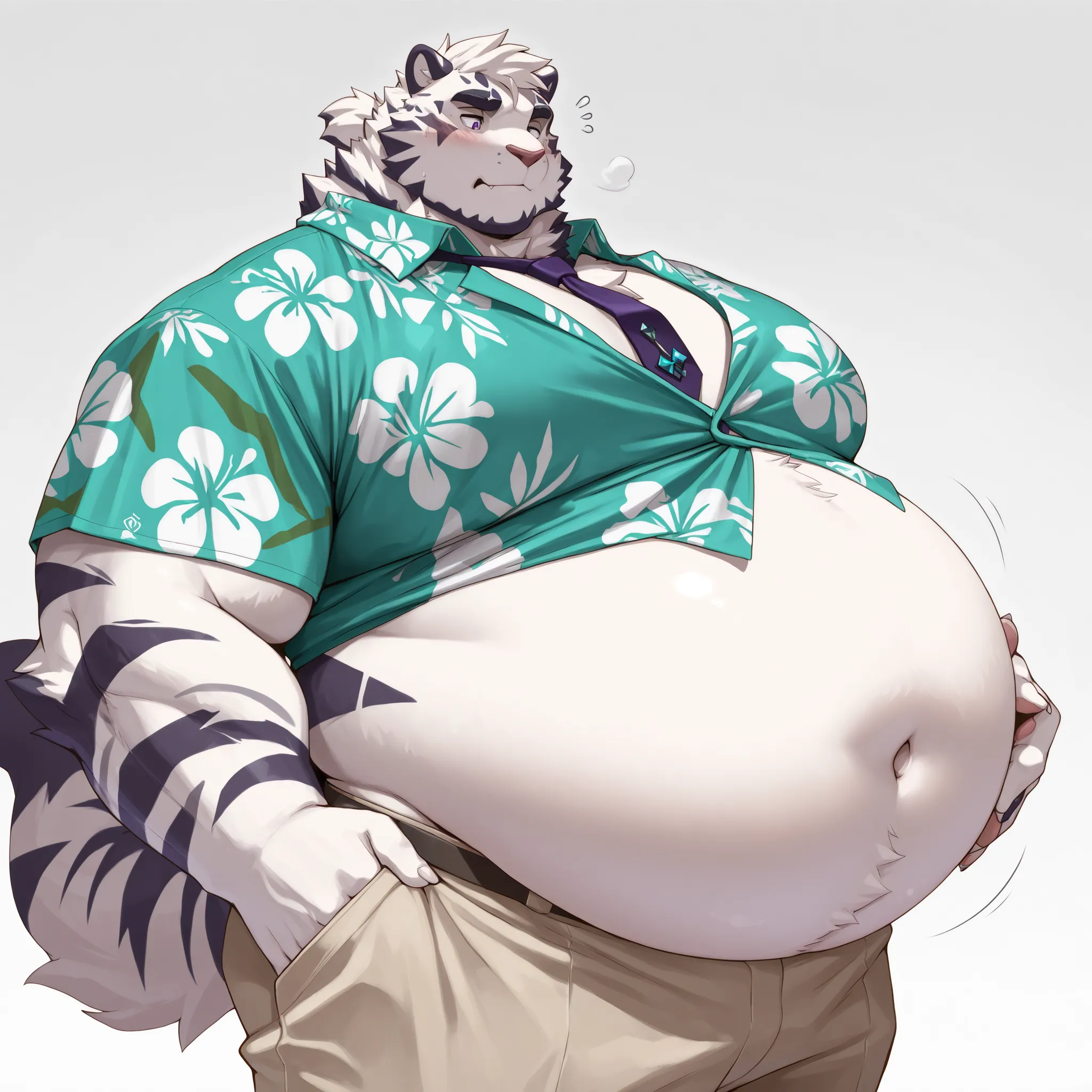 ((best quality)), ((masterpiece)), (detailed), perfect face, wearing a crop top green Hawaiian shirt with indigo tie and khaki pants with a bare midriff and a bare navel,,big belly,hyper belly,belly inflation,fat pecs,fat body,furry male,white fur