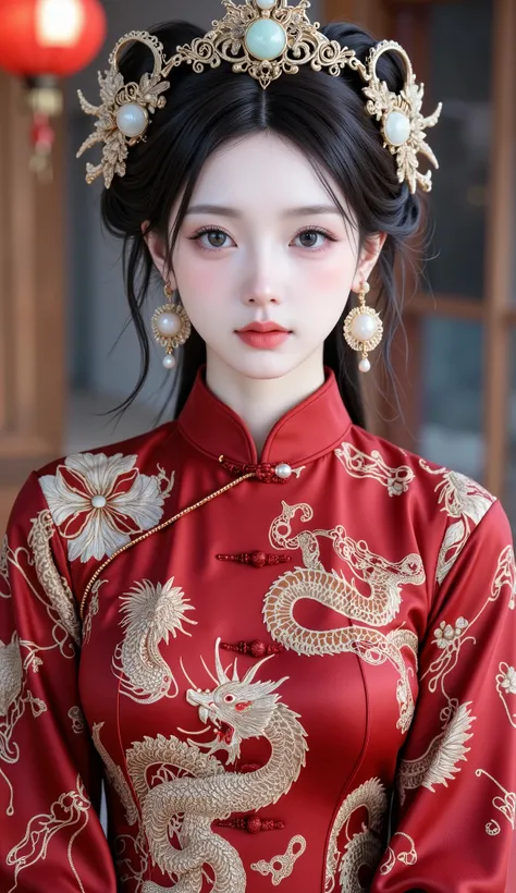 masterpiece, best quality, 1girl, wearing a magnificent traditional Chinese wedding dress, deep red brocade fabric with intricate dragon and phoenix embroidery, pearls and gemstones embellished on the skirt, high - necked collar with delicate knot buttons,...