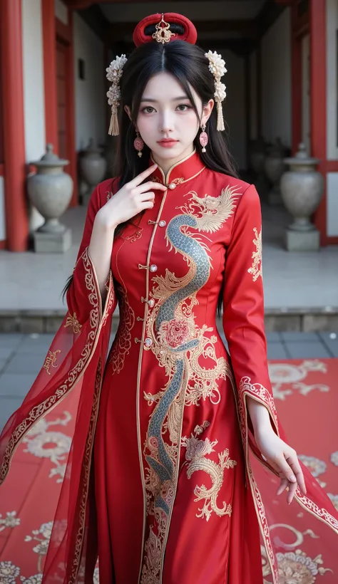 masterpiece, best quality, 1girl, wearing a magnificent traditional Chinese wedding dress, deep red brocade fabric with intricate dragon and phoenix embroidery, pearls and gemstones embellished on the skirt, high - necked collar with delicate knot buttons,...