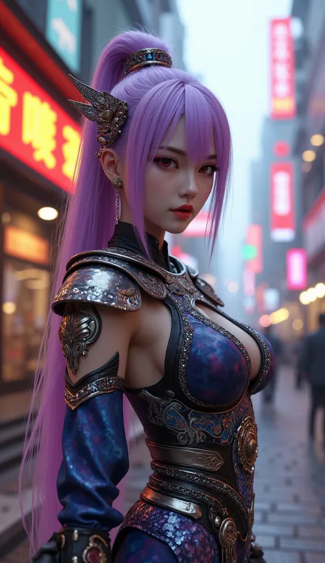 Game art,best picture quality,Highest resolution,8K,((A half-length photo)),((portrait)),((Head close-up)),(rule of thirds),Unreal Engine 5 rendering works, (future girl),(female warrior), 22 year old young hacker),(rainbow hair,ancient oriental hairstyle)...