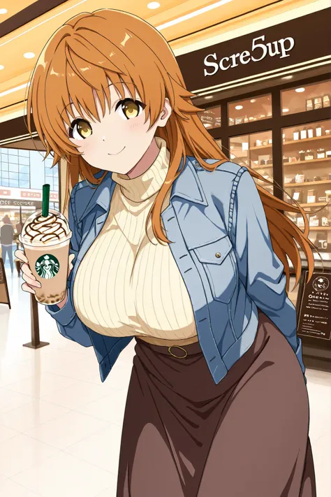 score_9, score_8_up, score_7_up,1 man,solo, 

rito_yuuki, Riko Yuusaki, yellow eyes, huge breast, 
Beige turtleneck, wide knit,  dark brown long skirt , denim jacket, 

Shopping Mall, Coffee Shop, While drinking a frappuccino, looking here, smile,