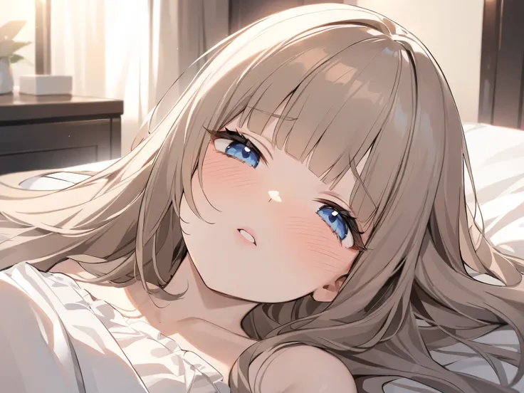 dark room、heavy blunt bangs 、chest length hair、whitish ash brown colored hair、blue dark eyes 、princess cut、, my cheeks are red、Lying in bed、1 girl、puffy lips、masterpiece、best quality、uncensored