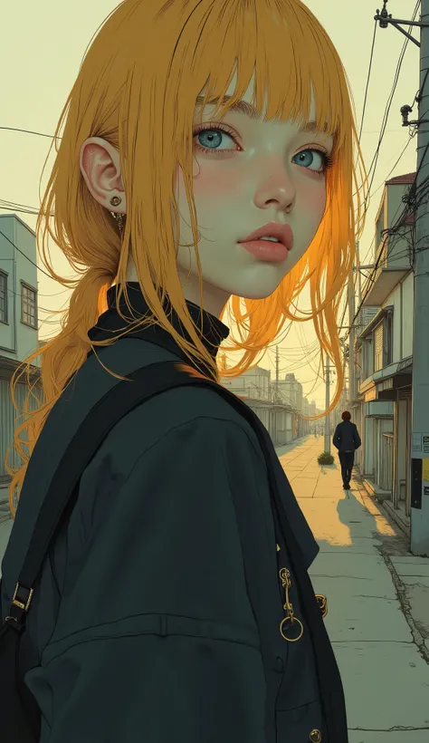 anime girl with yellow hair and blue eyes posing for a picture,  GOLDEN SHINING FACE , Girl Walking Alone on the Street, clean and detailed anime art, yellow hair, DIGITAL ANIMATION ART, anime style illustration, yellow eyes, reol like a portrait of a woma...