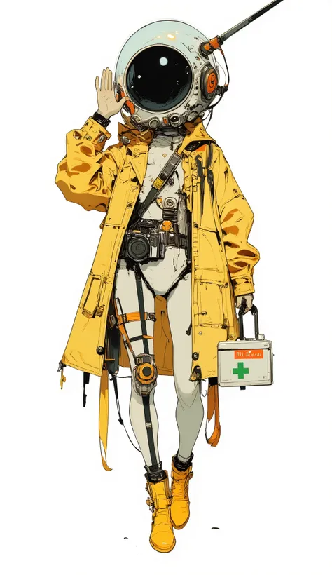 A stylish character with a futuristic and colorful outfit stands poised. They are wearing a yellow raincoat over a sleek white and black bodysuit, accented with a matching yellow sash and yellow boots. Their accessories include a white box with a green fir...
