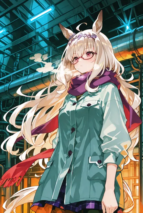 Biwa Hayahide (Uma Musume), casual outfit with a long scarf, visible white breath in the cold air, standing in front of a detailed industrial factory nightscape, intricate pipes and smokestacks with faint steam, glowing lights with starburst effect, a dyst...