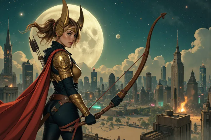 (Masterpiece, award winning, UHD, 16K, HDR, DSLR, photorealistic, very detailed), (Theme of knights of the zodiac, charismatic, there is a girl at the top of the city, wearing a golden gold armor Sagittarius knight, she is a superhero), full body, green ey...