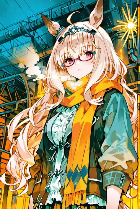 Biwa Hayahide (Uma Musume), casual outfit with a long scarf, visible white breath in the cold air, standing in front of a detailed industrial factory nightscape, intricate pipes and smokestacks with faint steam, glowing lights with starburst effect, a dyst...