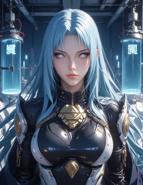 A resolute female cyborg with a mechanical dragon head arm, her expression tense and focused, clutching a giant katana that dominates the composition, its enormous blade intricately etched with glowing cosmic runes that shimmer with a neon blue light, the ...