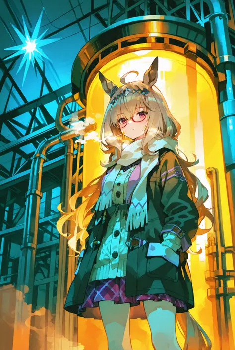 Biwa Hayahide (Uma Musume), casual outfit with a long scarf, visible white breath in the cold air, standing in front of a detailed industrial factory nightscape, intricate pipes and smokestacks with faint steam, glowing lights with starburst effect, a dyst...