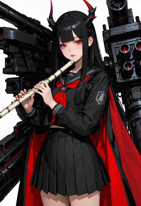 Japanese school uniform girl. Black hair. Long hair. Straight bangs. Black costume. Red eyes. One-sided cape. Plays a flute. One-sided horn. Missile launcher. Fusion with a mechanical monster.