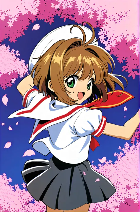 1 girl, Kinomoto cherry on my right hand, solo,tomoeda elementary uniform, green eyes, brown hair, skirt for ears, uniform, opens his mouth, villages with, Short sleeve, short hair, Watch Viewers, smile,  petals, Puffed Sleeves, black skirt for ears, puffy...