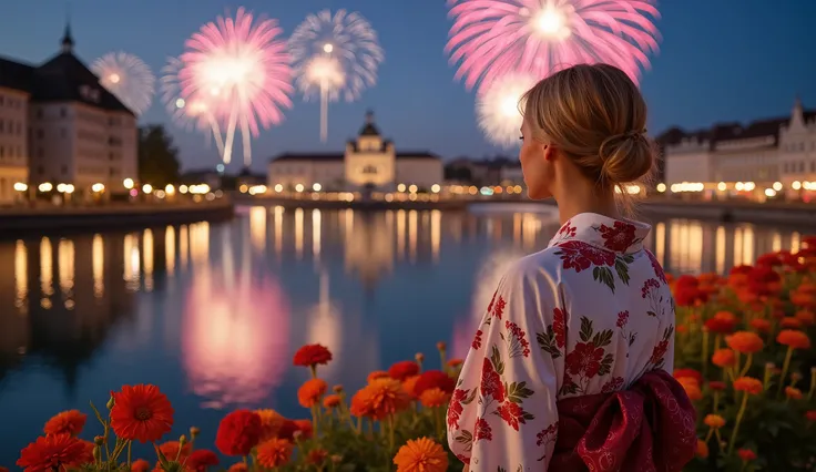 What I'm imagining is、What I'm imagining is、Zurich cityscape、Impression of a government building in the center of the city、Riverside、Fireworks Night、Blonde 20-year-old woman in a white floral kimono、 facial details 、(full body high resolution photo)、Specta...