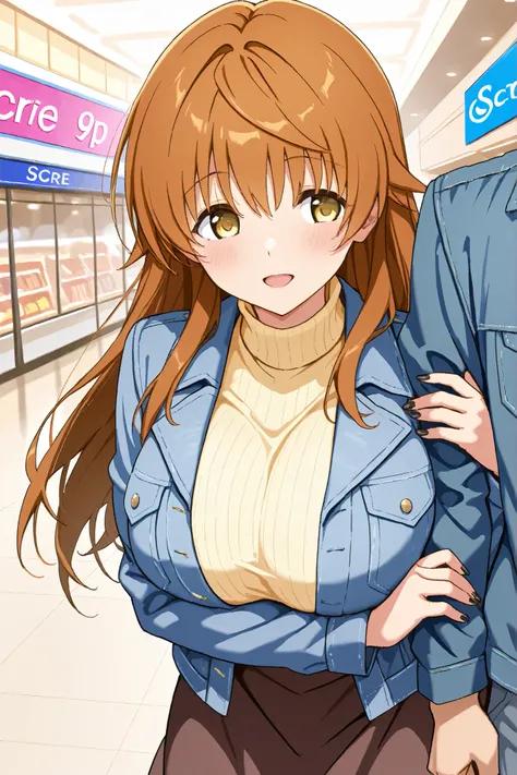 score_9, score_8_up, score_7_up,1 man,solo, 

rito_yuuki, Riko Yuusaki, yellow eyes, huge breast, 
Beige turtleneck, wide knit,  dark brown long skirt , denim jacket, 

Shopping Mall, arm hug, LONG BLACK NAILS, plot, ,