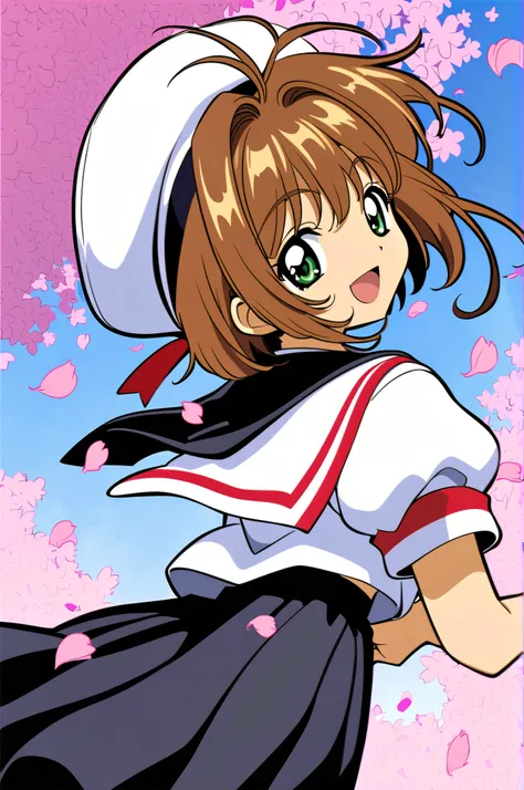 1 girl, Kinomoto cherry on my right hand, solo,tomoeda elementary uniform, green eyes, brown hair, skirt for ears, uniform, opens his mouth, villages with, Short sleeve, short hair, Watch Viewers, smile,  petals, Puffed Sleeves, black skirt for ears, puffy...