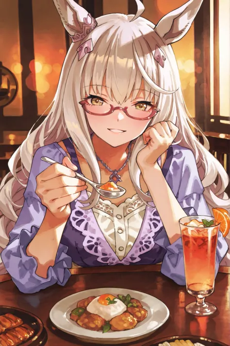 Biwa Hayahide (Uma Musume), casual outfit, sitting across the table in a cozy restaurant, holding a spoon with food, offering it with a bright smile, warm lighting, romantic atmosphere, detailed table setting with plates and drinks, anime style, vibrant co...