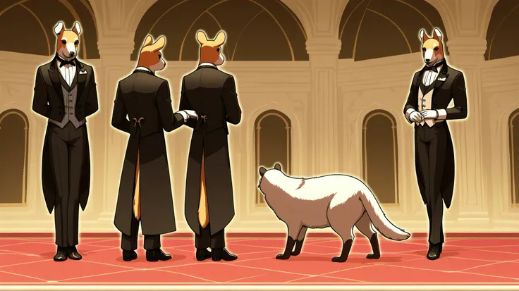 The animal is wearing a butler costume,Fantasy、Animals that walk on their back legs,An aristocrat-like mansion、the world of animals that stand on their back legs and walk on two legs、