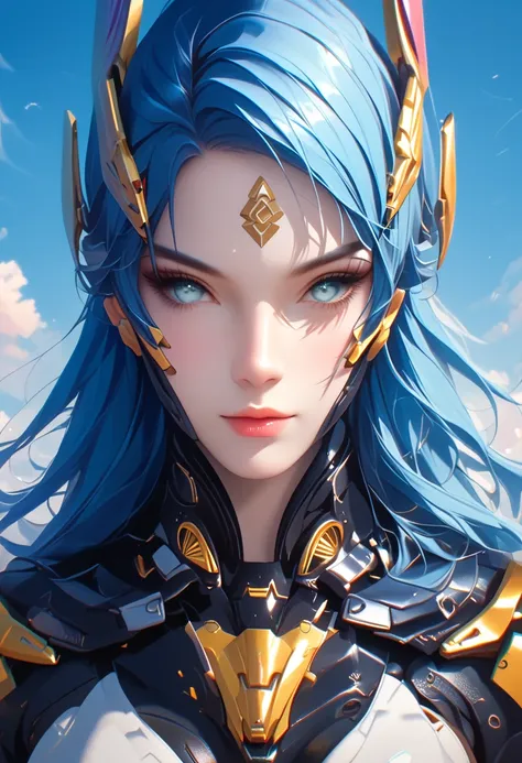 A resolute female cyborg with a mechanical dragon head arm, her expression tense and focused, clutching a giant katana that dominates the composition, its enormous blade intricately etched with glowing cosmic runes that shimmer with a Dark Blue light, the ...
