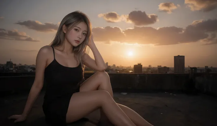 Best quality, masterpiece, 748cm style. Best quality, masterpiece, 748cm style. A beautiful girl with long silver hair and red eyes sits on a rooftop at dawn, wearing a loose black outfit, a soft breeze blowing her hair, watching the sunrise over a citysca...
