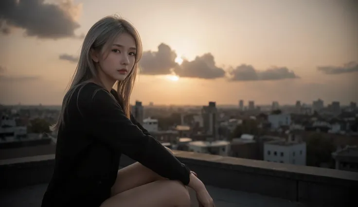 Best quality, masterpiece, 748cm style. Best quality, masterpiece, 748cm style. A beautiful girl with long silver hair and red eyes sits on a rooftop at dawn, wearing a loose black outfit, a soft breeze blowing her hair, watching the sunrise over a citysca...