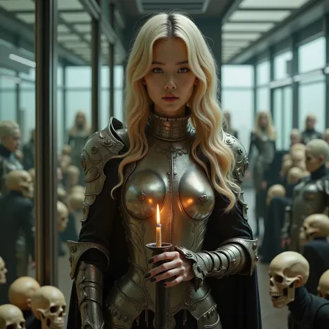 Korean woman blonde wavy hair, wearing detailed metallic armor, holding a lit candle, standing in front of intricately designed skull sculptures with more candles, indoor setting with reflective glass, urban background with soft natural light, creating a m...
