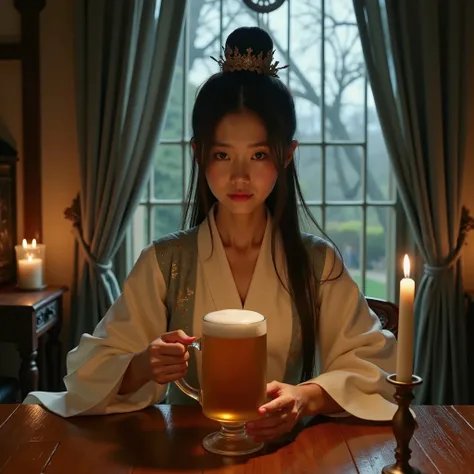 there is a Korean woman sitting at a table with a mug of beer, still from a fantasy movie, arcane from netflix, from netflix's arcane, still from a live action movie, from witcher (2021), film still dnd, film still dnd movie, snow white as a d & d fighter,...
