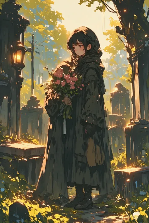 whispering-light, a graceful woman in a dark gothic mourning dress with lace gloves and a veiled hat, holding a bouquet of pink flowers, visiting a grave at a quiet cemetery during dusk, surrounded by old moss-covered gravestones and soft overgrown grass, ...