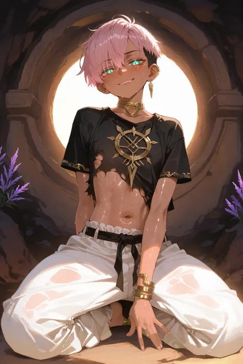 tanned mixed-race black skinned young boy with freckles, glowing clear glossy wet shiny skin, short spiky lavender and salmon pink hair , black trimmed undercut taper sides and back behind hair, and sky blue neon eyes, wearing white GI baggy transparent ...