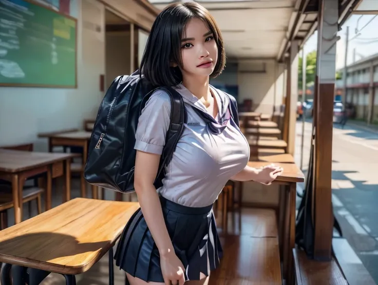  on the side, Thai girl , very large breasts, Short Hairstyle, round face, Fine Face, glasses, wearing a scout suit, white, brown mini skirt , tights,  School Shoes, brown label embroidered uniform "Arisa Salikeet " wearing a black schoolbag , standing in ...