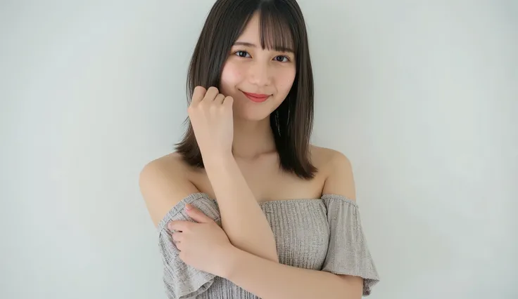 ((( high resolution,Highest Quality, Super Detail, masterpiece , very well detailed,realistic,real people,Super Detailな肌))) ,simple background,( from the front ),upper body, mid-shot, Watch Viewers , (smile, closed mouth), (standing), (cross your arms on y...