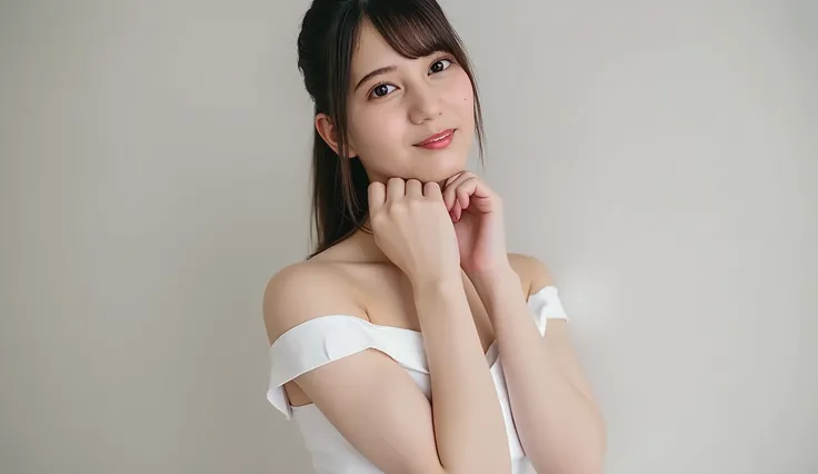 ((( high resolution,Highest Quality, Super Detail, masterpiece , very well detailed,realistic,real people,Super Detailな肌))) ,simple background,( from the front ),upper body, mid-shot, Watch Viewers , (smile, closed mouth), (standing), (cross your arms on y...