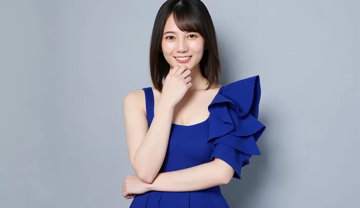((( high resolution,Highest Quality, Super Detail, masterpiece , very well detailed,realistic,real people,Super Detailな肌))) ,simple background, from the front , mid-shot, Watch Viewers , Light Smile, (standing), cross your arms on your back, black hair, ...