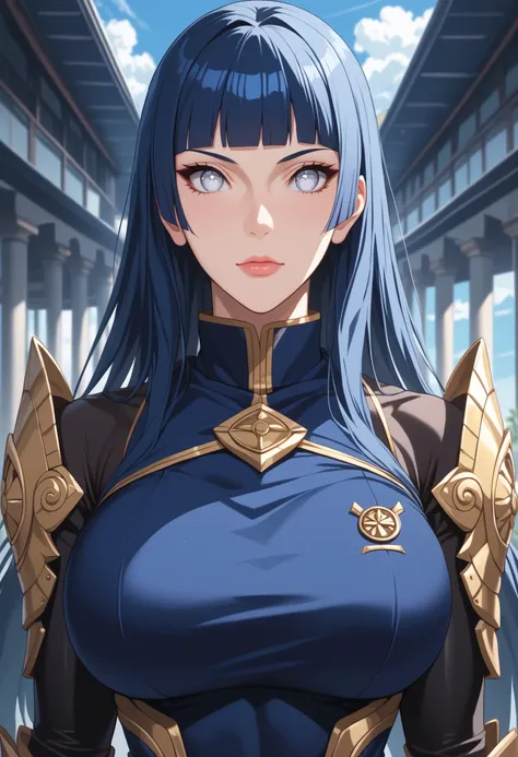 A resolute female cyborg with a mechanical dragon head arm, her expression tense and focused, clutching a giant katana that dominates the composition, its enormous blade intricately etched with glowing cosmic runes that shimmer with a Dark Blue light, the ...
