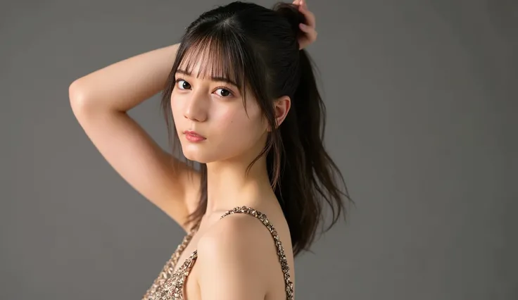 face close-up, high resolution portrait of a Japanese woman, photorealistic, masterpiece, Great Quality, complicated details at AKB theaters, Professional Lighting, simple background, shot from the front, is facing forward, upper body, Watch Viewers, stan...