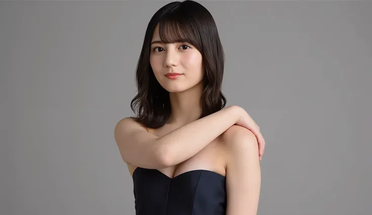 high resolution portrait of a Japanese woman, photorealistic, masterpiece, Great Quality, complicated details at AKB theaters , Professional Lighting, simple background,( from the front ),upper body, mid-shot, Watch Viewers , smile, closed mouth, standing...