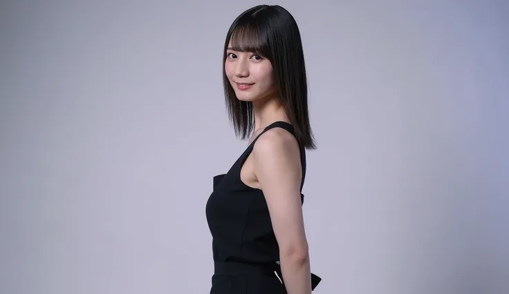high resolution portrait of a Japanese woman, photorealistic, masterpiece, Great Quality, complicated details at AKB theaters , Professional Lighting, simple background,( from the front ),upper body, mid-shot, Watch Viewers , smile, closed mouth, (standin...