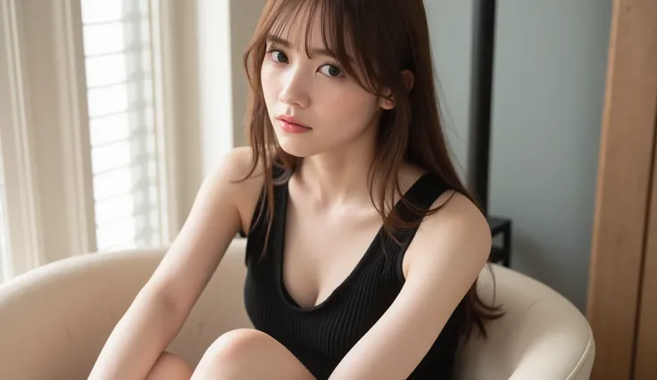 1 girl, solo, long hair, add texture, (Wear a small tank top, black plate miniskirt), Open button, Natural Breasts,  Watch Viewers , sit on a chair and cross your legs.