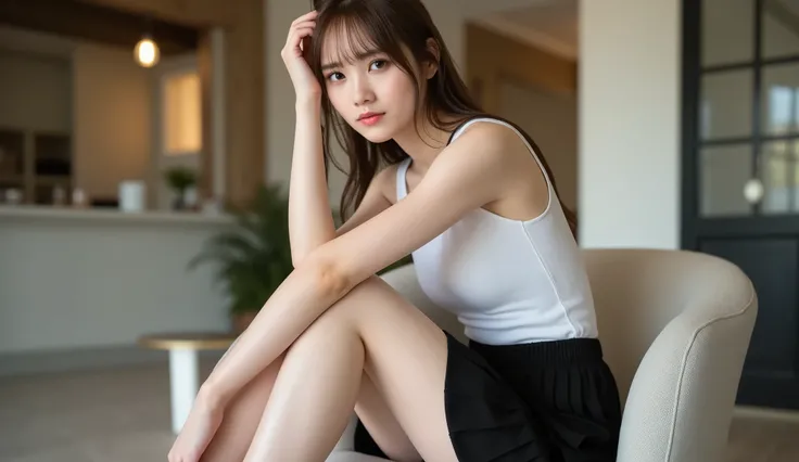 1 girl, solo, long hair, add texture, (Wear a small tank top, black plate miniskirt), Open button, Natural Breasts, Watch Viewers , sit on a chair and cross your legs.