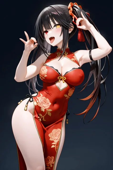 NSFW,masterpiece,Highest Quality,high resolution,very detailed, tokisaki kurumi(Date A Live\),China Dress, sleeveless,cleavage,fellatio gestures、from the side、in Kura、opens his mouth
