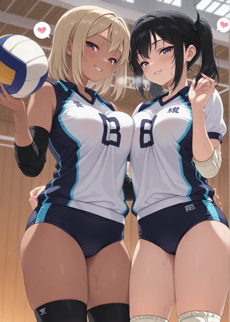 masterpiece, best quality, amazing quality, perfect anatomy, 2girls, gyaru, (yuri:1.4), (holding ball:1.4), (seductive pose:1.4), thick thighs, Collared volleyball uniforms, sleeveless, (buruma:1.4), volleyball knee pads, elbow sleeve, (old Full spherical ...