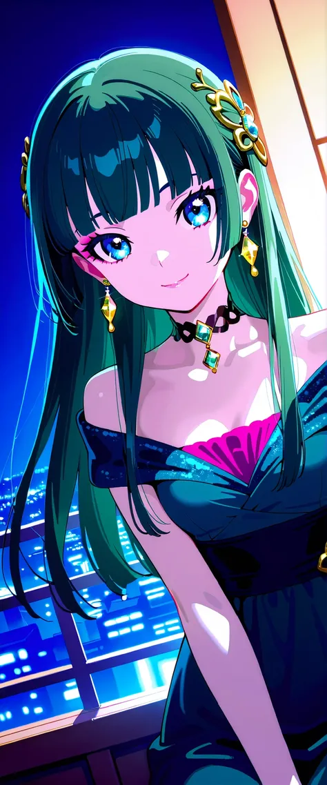 1 girl,  Mao Mao, solo, green hair, long hair, blue eyes, Break up your blunt bangs, earrings,  jewelry,  straight hair , hair over shoulders, hair ornament,  makeup, pink eyeliner, small breasts, Pale skin,    Dynamic Angle, Deep Blue Evening Dress with D...