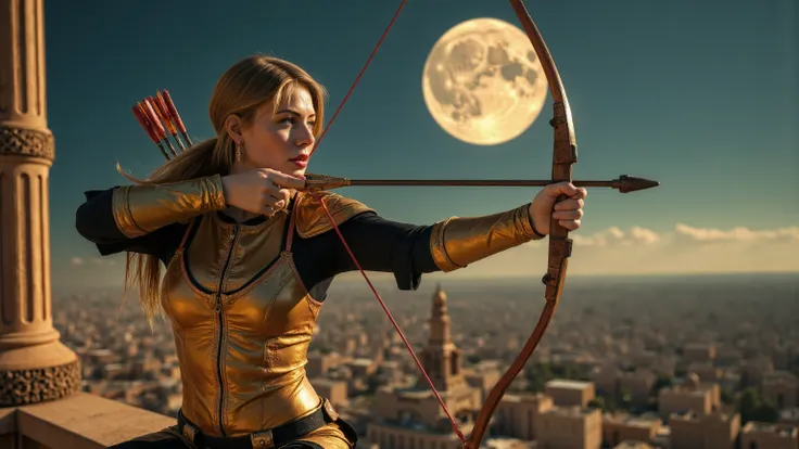 (Masterpiece, award winning, UHD, 16K, HDR, DSLR, photorealistic, very detailed), (Theme of knights of the zodiac, charismatic, there is a girl at the top of the city, wearing a golden gold armor Sagittarius knight, she is a superhero), full body, green ey...