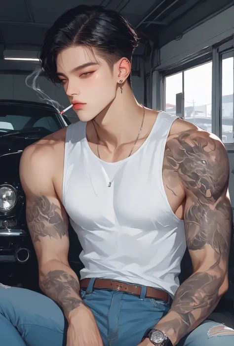 1male, 24 year old man , Black woolcut hairstyle , Black eyes , wearing a white tank top and jeans, sexy , he is smoking ,muscles . The background is a garage , He is a car repairman , is sitting , with a dragon tattoo on his arm, solo,