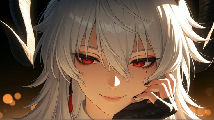 Extreme close‑up portrait of Zani from Wuthering Waves — young woman with slightly messy, layered snow‑white hair that frames her face and falls in soft, wispy strands; two smooth, black, back‑curving horns emerge from her crown, catching subtle rim‑light....