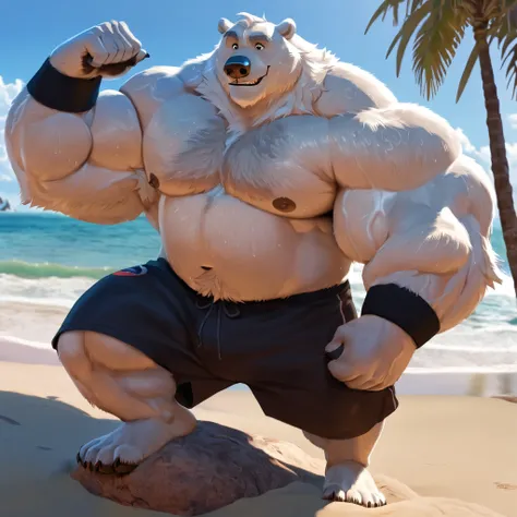 huge muscular polar bear in beach, big hulking flex, grunting smirk, polar bear, huge white fur, thick arm, huge arm, added thick gray moustache and beard, short white hair, (veiny muscular, broad pectoral, wide pectoral, thick arms), beach, palm, Disney,...